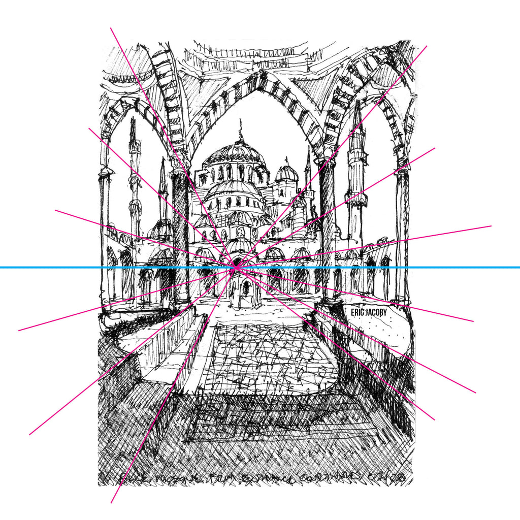 Travel sketch illustrating one point perspective. Drawn by Eric Jacoby