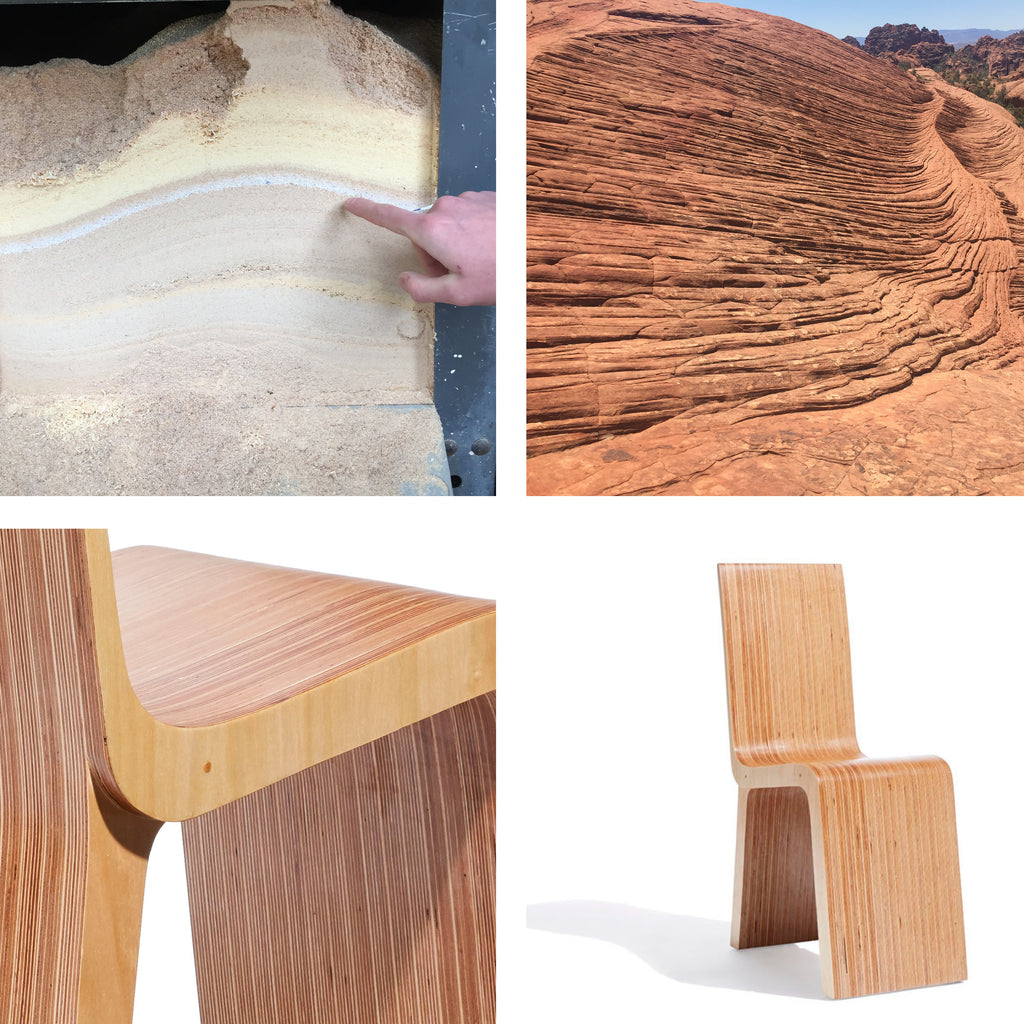 four square image: upper left shows the various layers of sawdust in a table saw. Upper right shows the compounded layers of a rock formation in southern Utah, Lower left shows the compounded layers of the Strata Chair. Lower right shows a modern chair